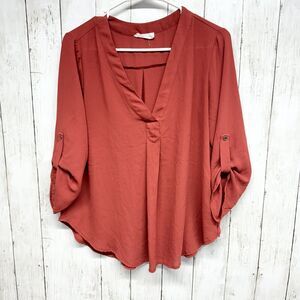 Lush Blouse Women Small Split Neck Long Sleeve Burgundy Curved Hem Button Cuff